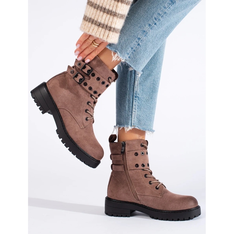 Women's lace-up ankle boots with buckles brown 2