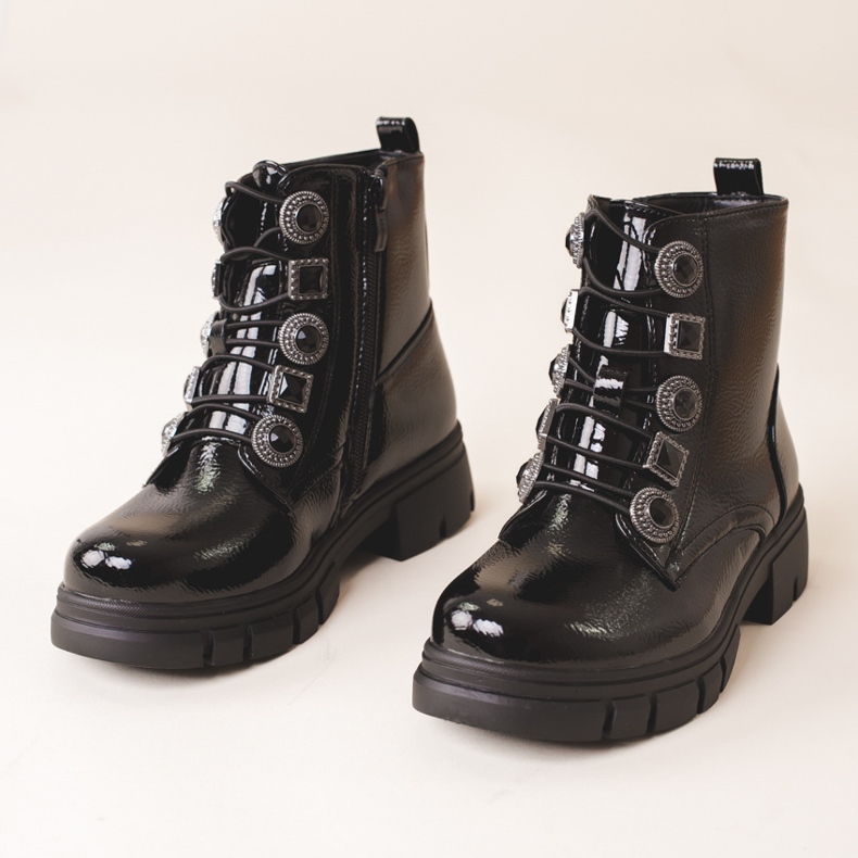 Lace-up ankle boots for girls with decorations, black 2