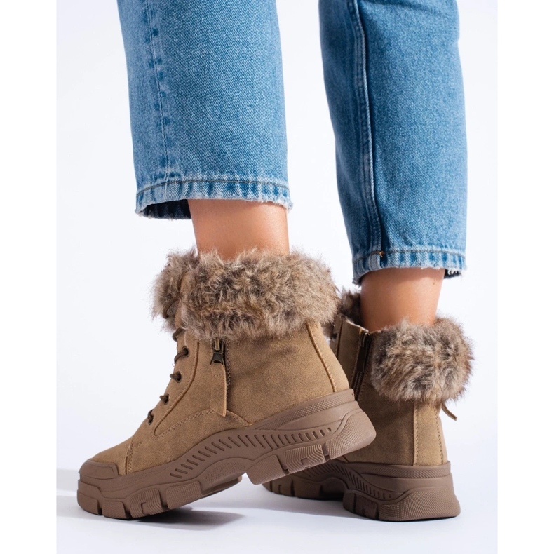 Ladies' brown hiking boots with fur beige 1