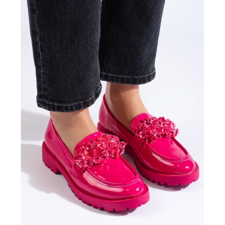 Women's moccasins Shelovet lacquered with fuchsia crystals pink 1