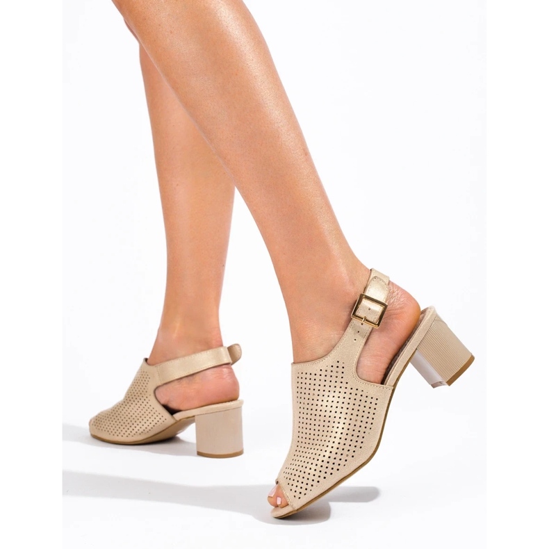 Women's openwork suede heel sandals Shelovet gold golden 2