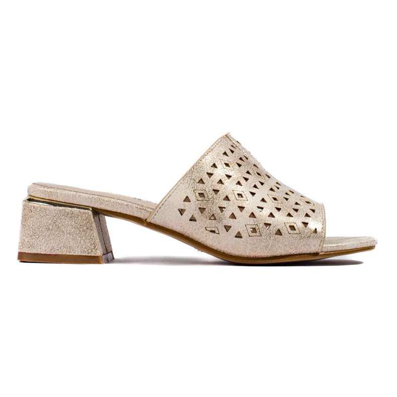 Openwork golden flip flops on a low metallic post 2