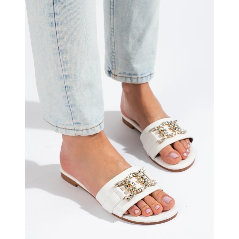 Women's white slippers with an elegant Shelovet buckle 1 Women's white slippers with an elegant Shelovet buckle 1