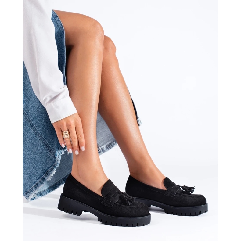 Shelovet black suede loafers with fringes 2