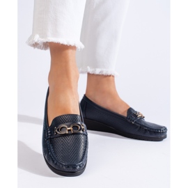 Women's navy blue moccasins with a low wedge 2