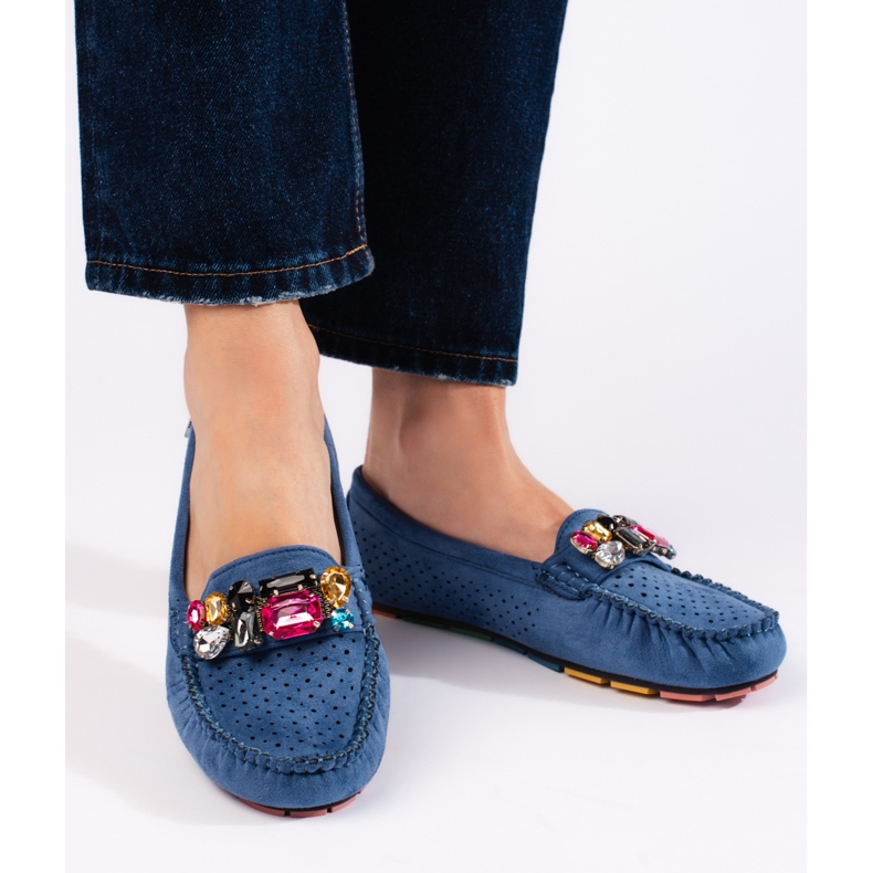 Goodin Blue women's openwork moccasins with crystals 2