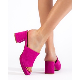 Fuchsia suede high heel mules pink 2