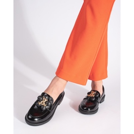 Black patent leather women's moccasins with a teddy bear 1 Black patent leather women's moccasins with a teddy bear 1