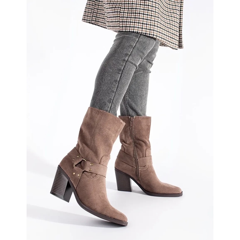 Seastar Suede dark beige ankle boots with a block heel 1