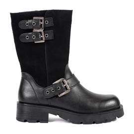 Black leather women's ankle boots on the platform decorated with Sergio Leone stripes 1
