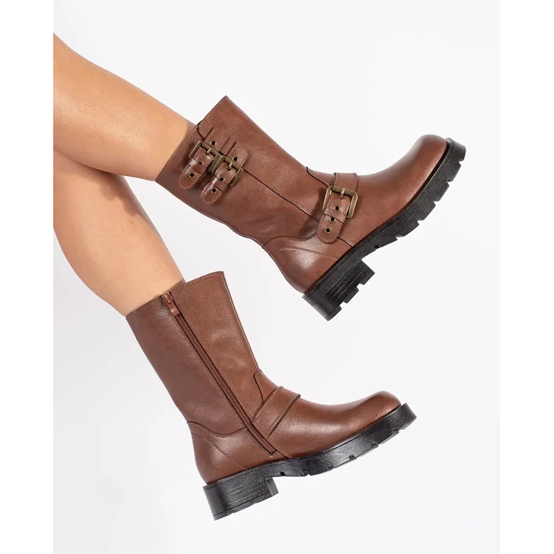 Brown leather women's ankle boots on the platform decorated with Sergio Leone stripes 2