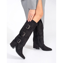 Seastar Black suede women's high-heeled boots with buckles 1 Seastar Black suede women's high-heeled boots with buckles 1