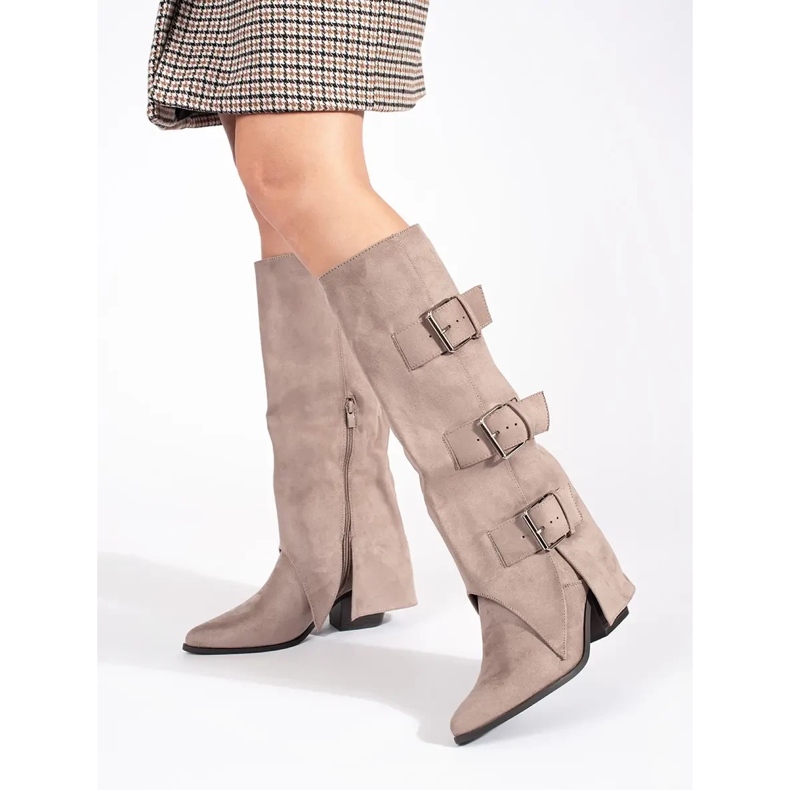 Seastar Beige suede women's high-heeled boots with buckles 2