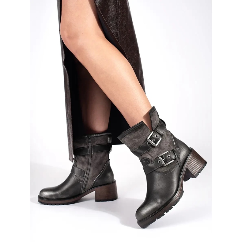 Dark brown metallic women's high-heeled ankle boots with buckles 1 Dark brown metallic women's high-heeled ankle boots with buckles 1