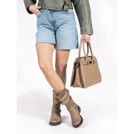 Beige women's low-heeled ankle boots with buckles 2