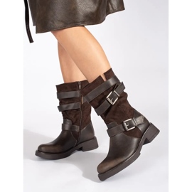 Brown women's low-heeled ankle boots with buckles 1