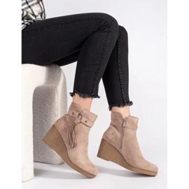 Suede beige women's wedge boots with fringes 1