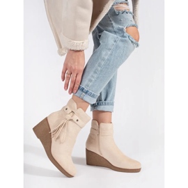 Suede light beige women's wedge boots with fringes 2