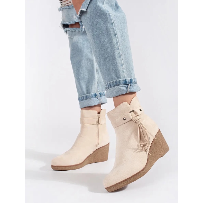 Suede light beige women's wedge boots with fringes 1 Suede light beige women's wedge boots with fringes 1