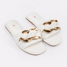 Women's flat white flip flops with a golden decoration 1