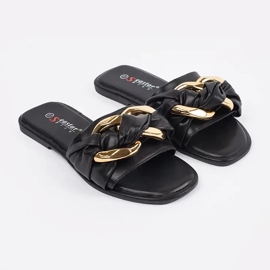 Flat black women's flip flops with a golden decoration 1 Flat black women's flip flops with a golden decoration 1