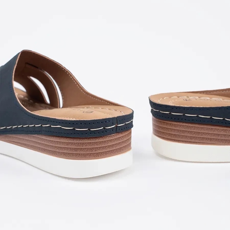 Comfortable slippers on low blue wedges 1