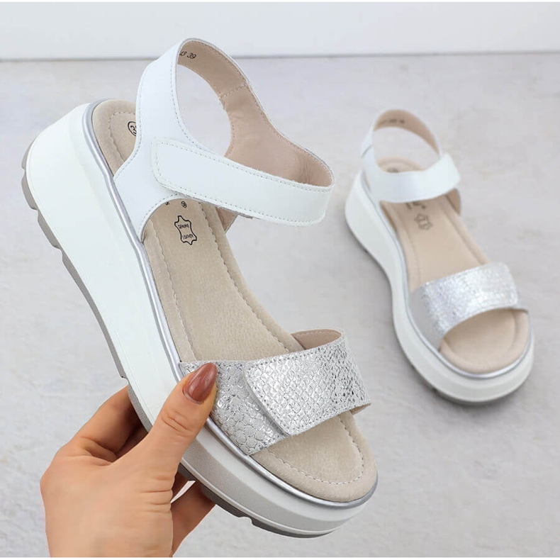 S.Barski Women's leather sandals for Velcro Silver platform S. Barski LR51-543 1