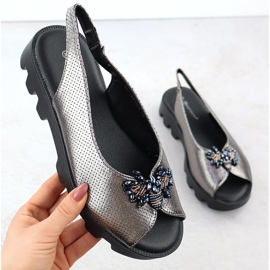 Women's sandals on platform perforated metallic silver Potocki Sz12610 1