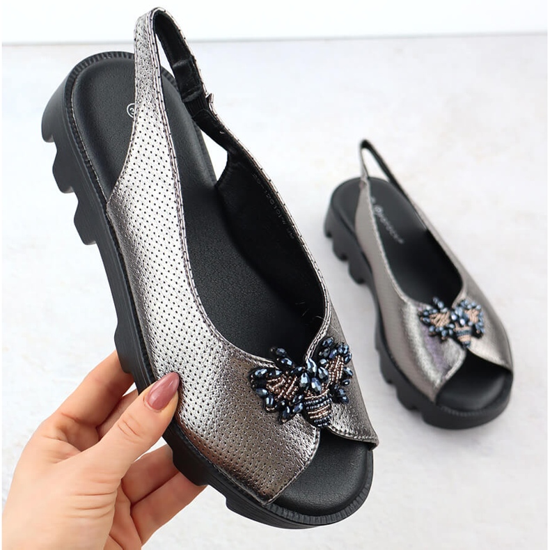 Women's sandals on platform perforated metallic silver Potocki Sz12610 1