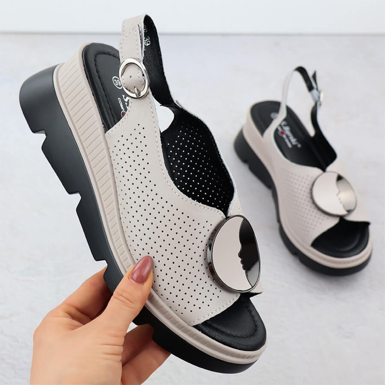 S.Barski Women's leather sandals for an openwork wedge beige S. Barski LR51-788 1