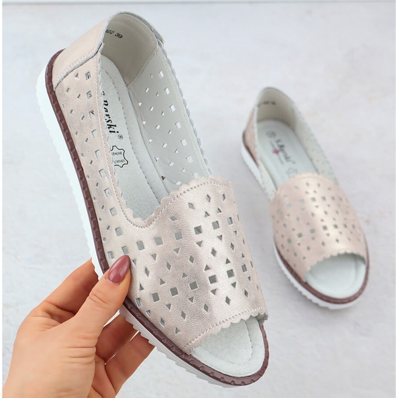 Women's leather shoes open toe openwork beige s.barski LR51-922 1