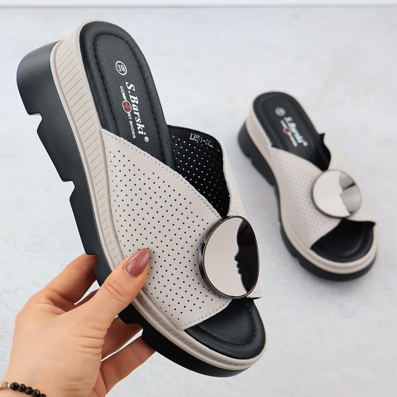 S.Barski Women's leather flip flops Openwork Beige S. Barski LR51-662 1