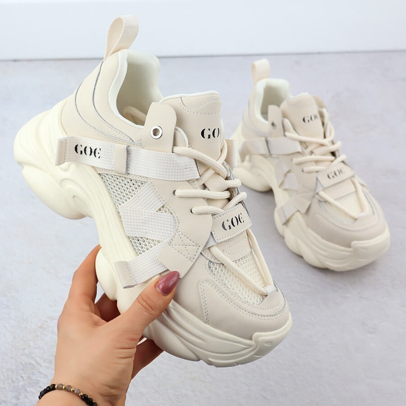 Leather sneakers on a thick sole women's beige goe rr2n4051 1