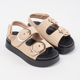 Goodin Sandals on a platform in a beige and white checkered 1