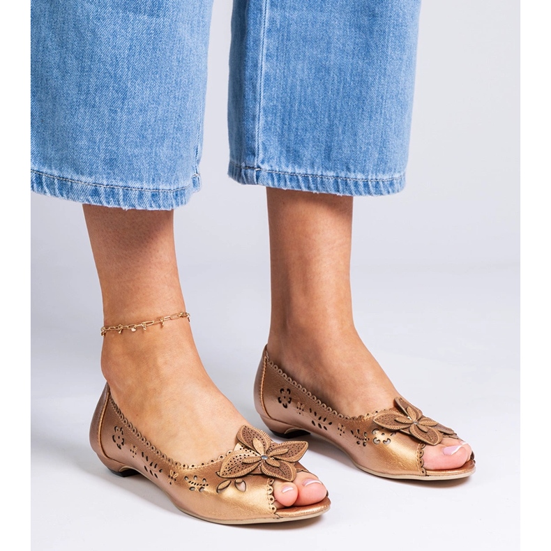 Gold openwork ballet flats with an open toe golden 1