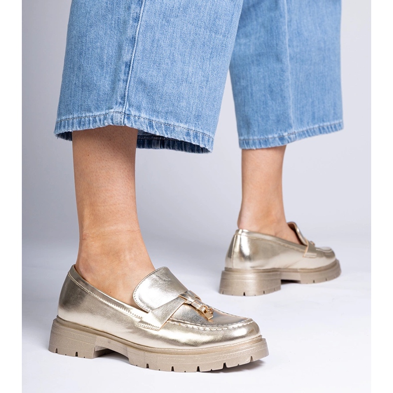 Golden elegant loafers with eco -leather with decoration 1