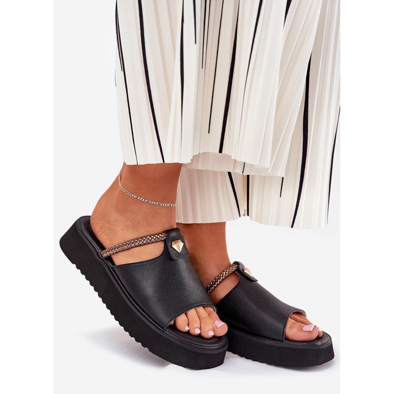 S.Barski Women's leather slippers on the platform with a decorative belt D&amp;A MK51-475 black 1