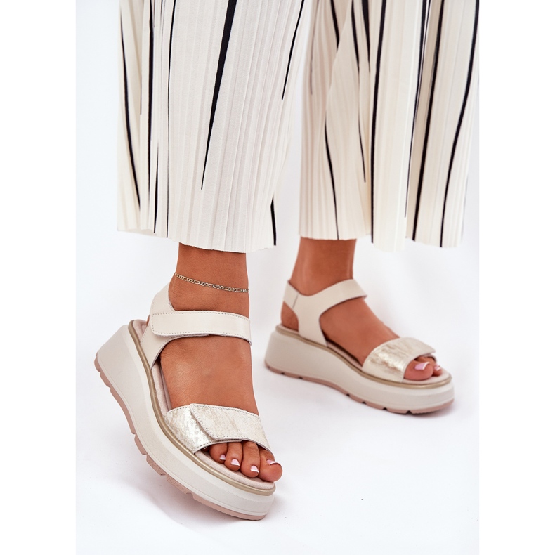 S.Barski Leather sandals women's platform and Velcro wedge S. Barski LR51-543 gold golden 2