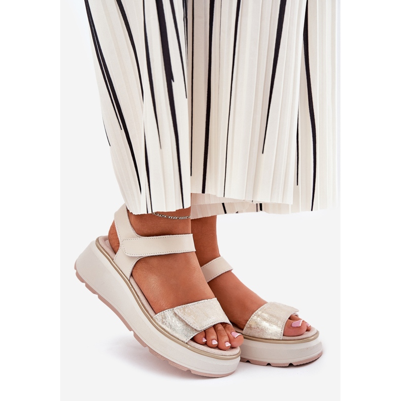 S.Barski Leather sandals women's platform and Velcro wedge S. Barski LR51-543 gold golden 1