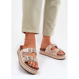 Slippers with decoration and buckles on the gold platform golden 2