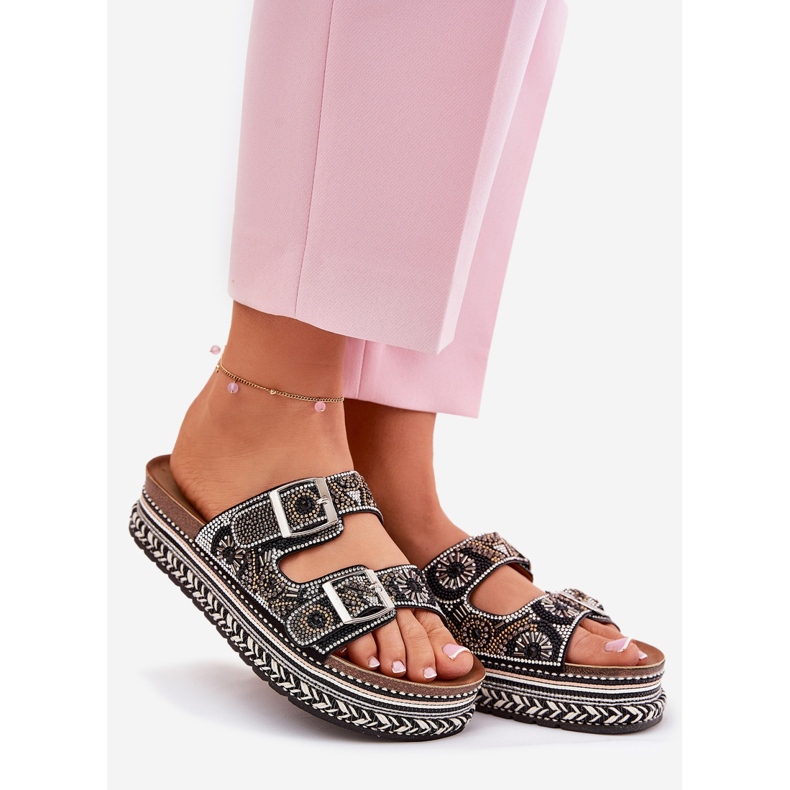 Slippers with decoration and buckles on the black platform 1