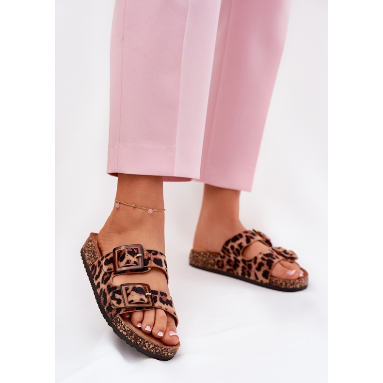 Women's flip flops with clamps on the cork sole brown leopard print 2