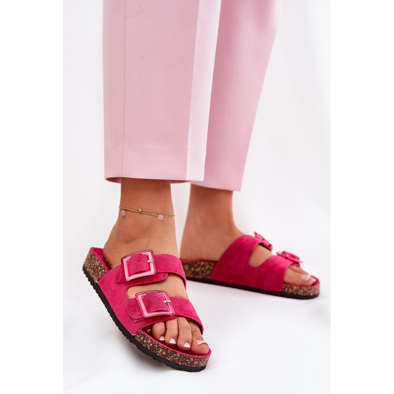 Women's flip flops with buckles on the cork sole fuchsia pink 2