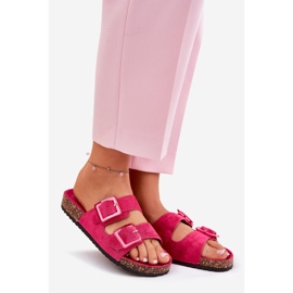 Women's flip flops with buckles on the cork sole fuchsia pink 1