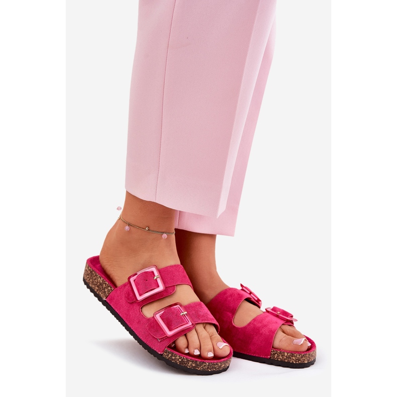 Women's flip flops with buckles on the cork sole fuchsia pink 1