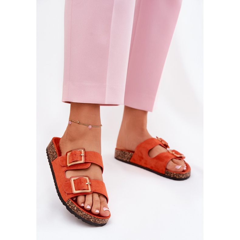 Women's flip flops with clamps on a cork orange sole 2