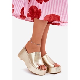 Eco leather women's slippers on the platform and gold wedges golden 1