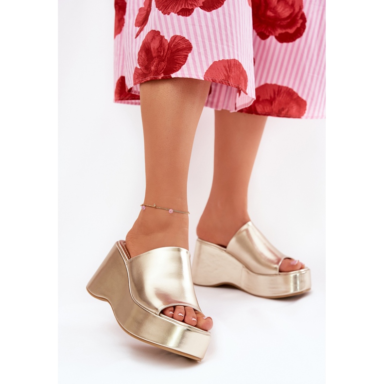 Eco leather women's slippers on the platform and gold wedges golden 2