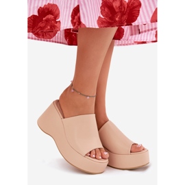 Eco leather women's slippers on the platform and beige wedges 2