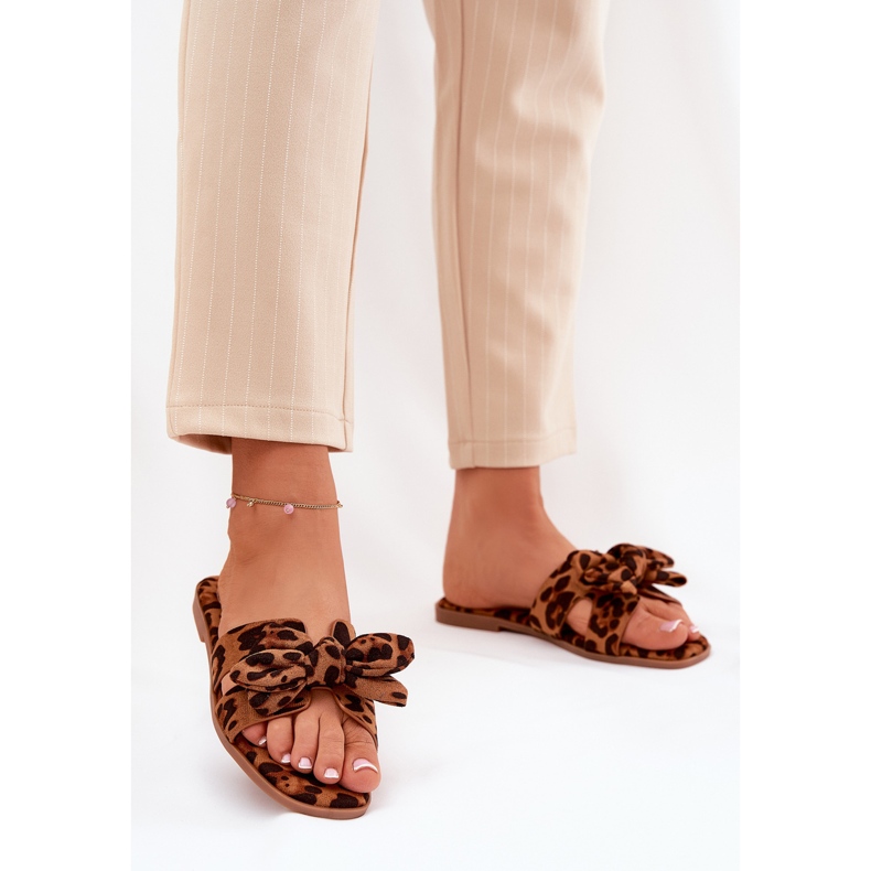 Flat women's flip flops with bow leopard bow brown 2